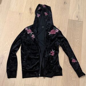 Billy T Black Velvet Zip up Women’s Hoodie with Flower Designs size small